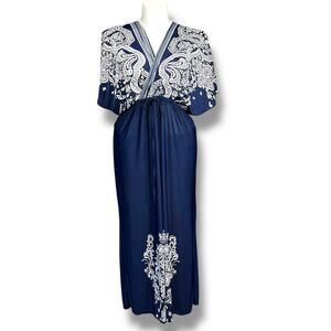 Just Love Womens Kaftan Dress Empire Waist Maxi Floral Print Blue White XL